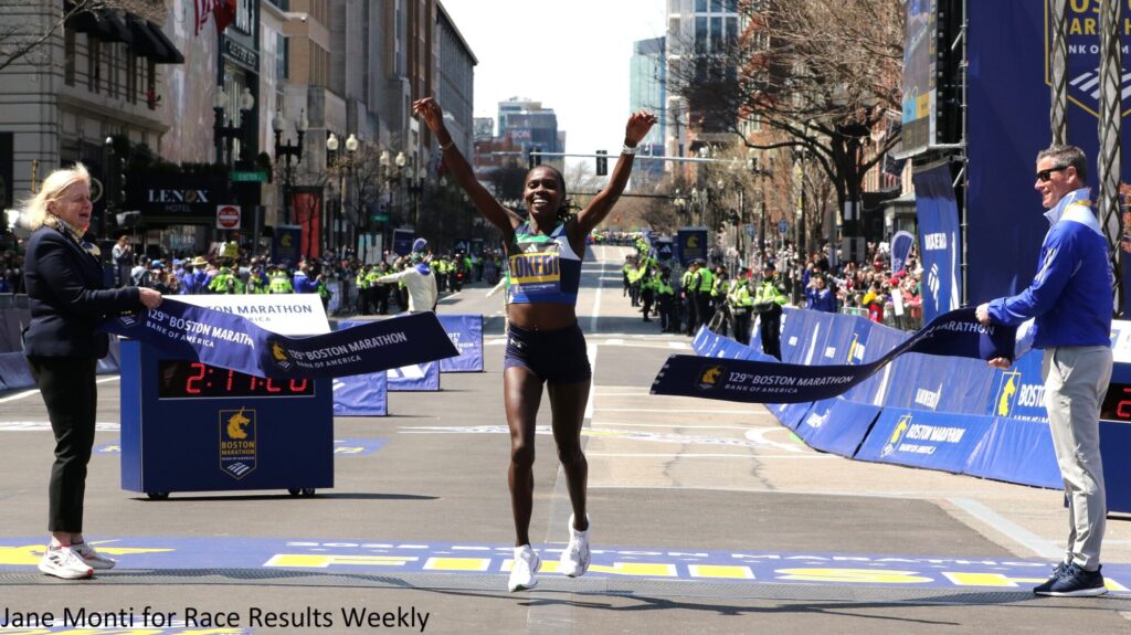 LOKEDI Sharon Boston Marathon Finish Tape Break 2025 Jane Monti With Credit