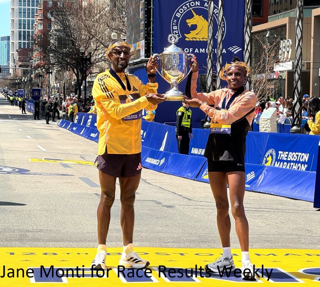 Obiri Sisay Trophy Boston Marathon 2024 Jane Monti With Credit